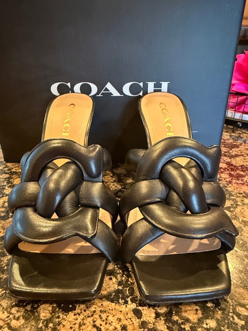 Coach Black Braided Leather Slide Mules with Square Toe
